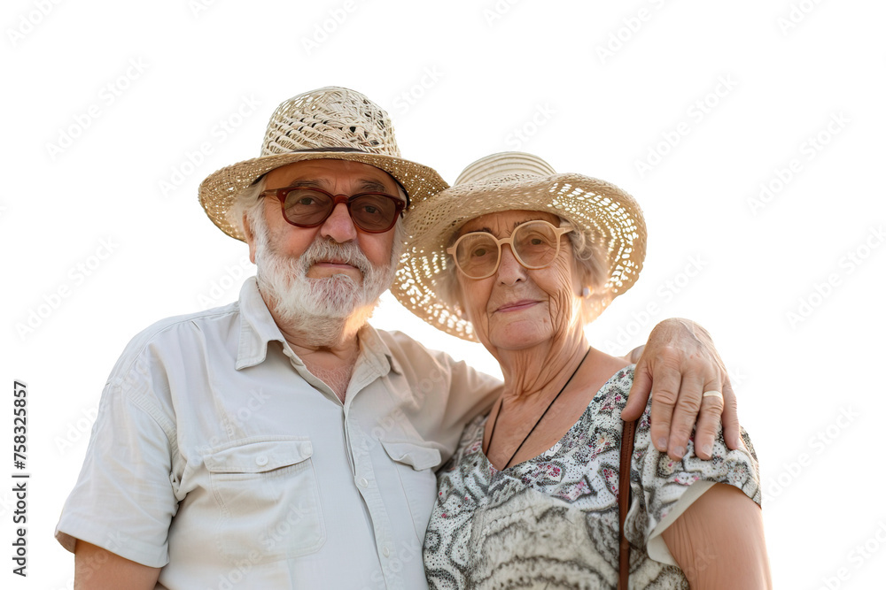 Senior retired couple wearing beach clothes ready for vacations. Isolated transparent background