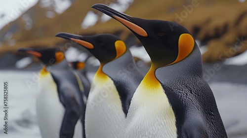 a group of penguins standing next to each other on top of a snow covered ground with a mountain in the background.