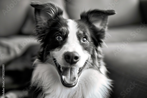 Black and white Border Collie dog smiling at camera. Dog Day concept © LorenaPh
