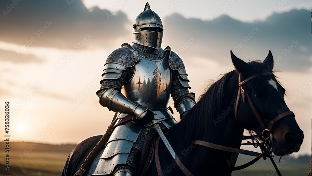 Medieval knight in shining armor and a gleaming sword, standing on a battle-scarred battlefield Medieval knight in shining armor and a gleaming sword, standing on a battle-scarred battlefield