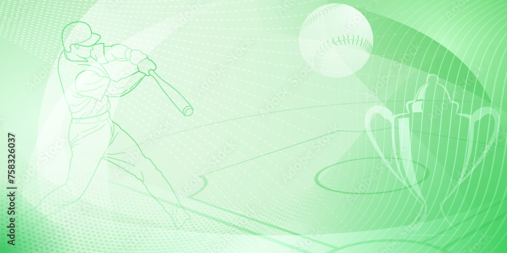 Baseball themed background in green tones with abstract dotted lines, dots and curves, with silhouettes of a baseball field, cup, ball and batsman Baseball themed background in green tones with abstract dotted lines, dots and curves, with silhouettes of a baseball field, cup, ball and batsman