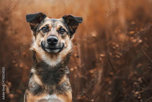 Cute cross breed dog looking at camera posing over outdoors background with copy space