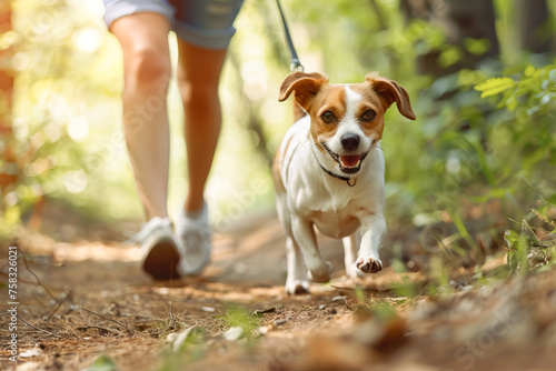 Close up of a dog trotting alongside a young woman on a rural forest trail. Low angle view. Dog Day concept © LorenaPh