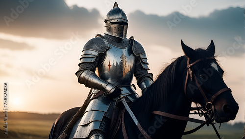 Medieval knight in shining armor and a gleaming sword, standing on a battle-scarred battlefield photo