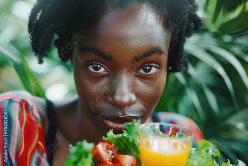 A woman holding a plate of food and a drink, perfect for food and drink concepts