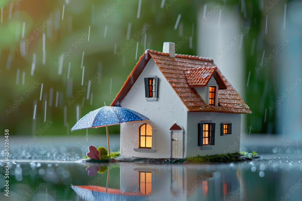 A miniature house with an umbrella in the rain. Suitable for weather or real estate concepts A miniature house with an umbrella in the rain. Suitable for weather or real estate concepts