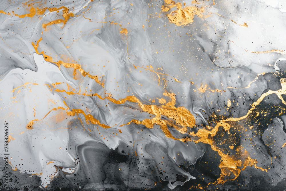 Abstract grey art with gold — black and white background with beautiful smudges and stains.