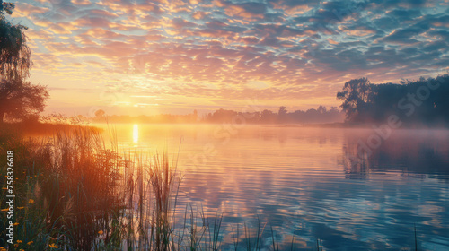 Beautiful sunset scene over a peaceful lake with reeds, suitable for nature and travel concepts