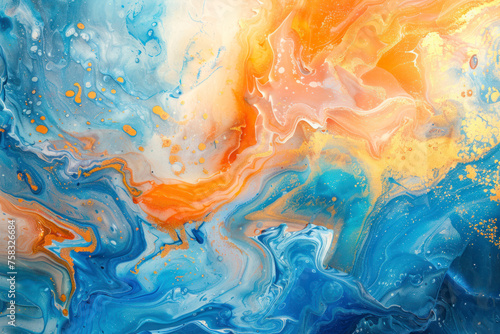 Luxury Abstract Ocean Fluid Art Resin art painting background blue gold orange ink. photo