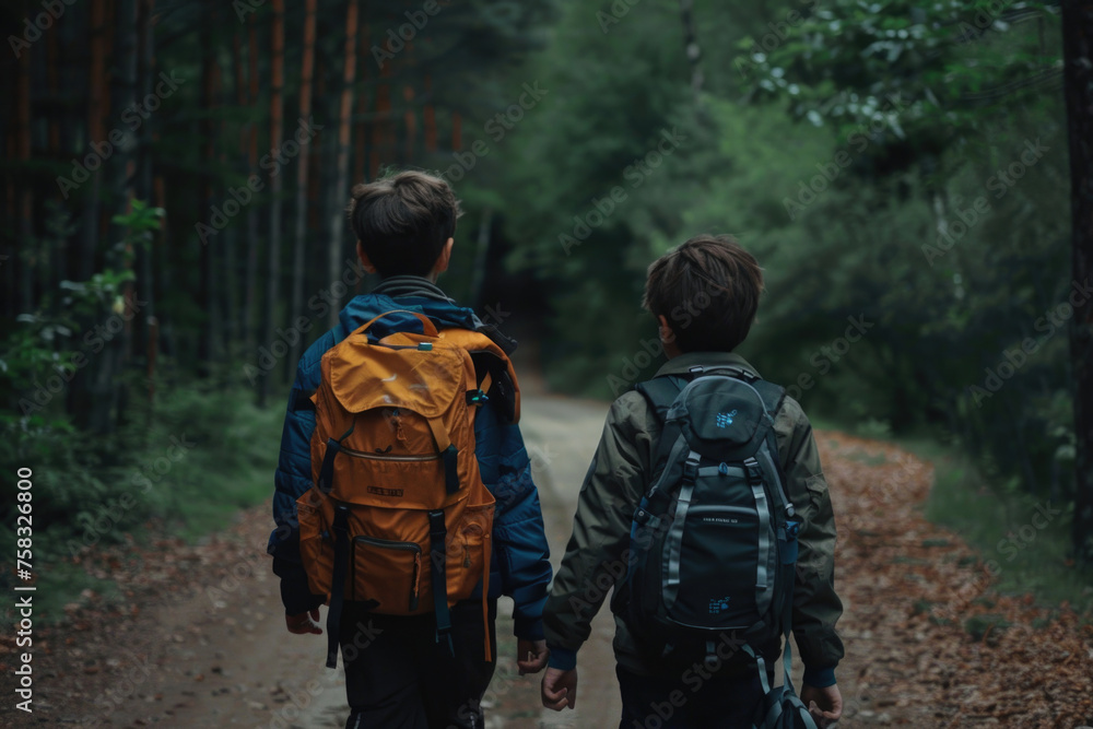 Two young boys walking down a path in the woods. Suitable for nature and outdoor activities concepts