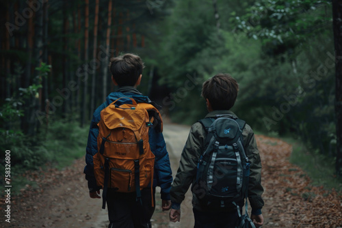 Two young boys walking down a path in the woods. Suitable for nature and outdoor activities concepts