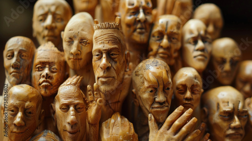 Group of carved wooden faces with hands raised. Suitable for cultural and artistic concepts © Fotograf