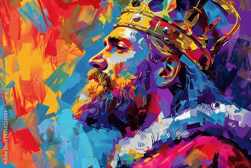 King Arthur portrayed in a vibrant pop art style with abstract colorful design elements