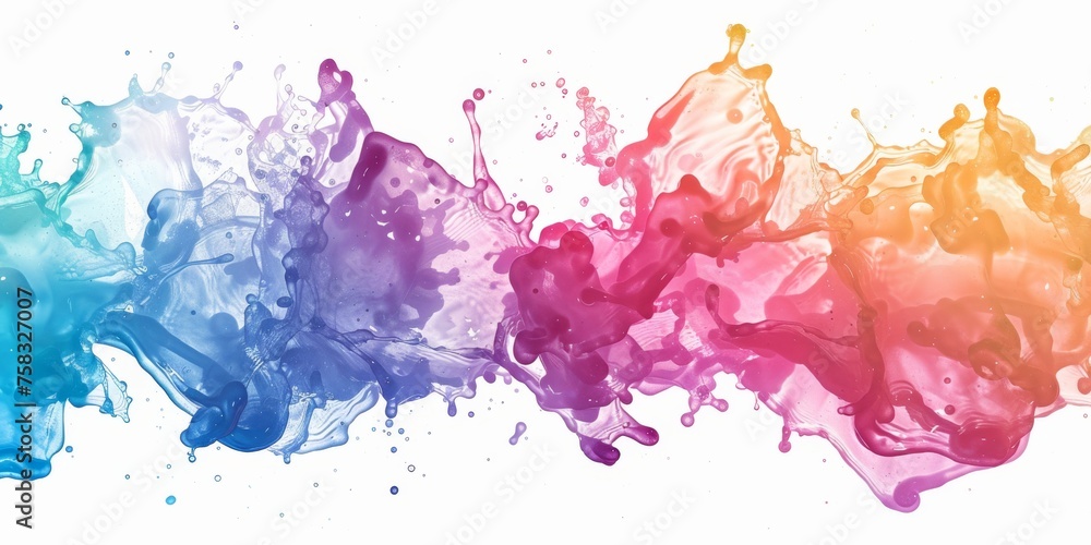 A mesmerizing liquid dance, with splashes of cyan, deep blue, vibrant purple, and sunset orange on a pure white canvas.