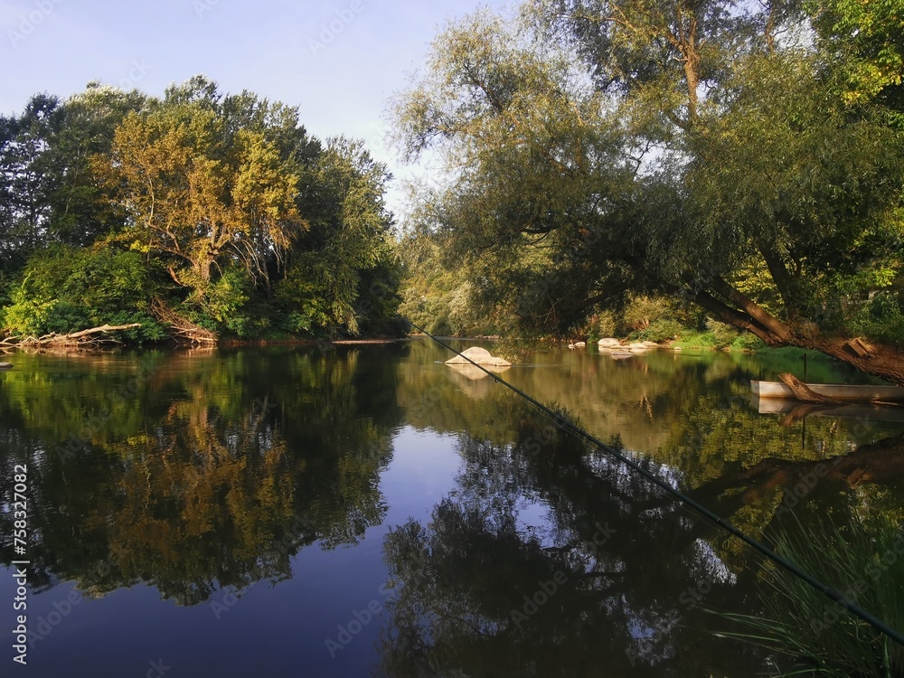 reflection in the water, silhouettes of trees reflecting in the calm water of the river. - South Morava river - Serbia reflection in the water, silhouettes of trees reflecting in the calm water of the river. - South Morava river - Serbia