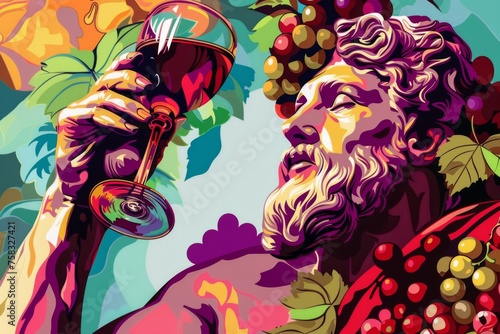 Dionysos mythological wine god in vibrant pop art style with ancient Greece themes photo