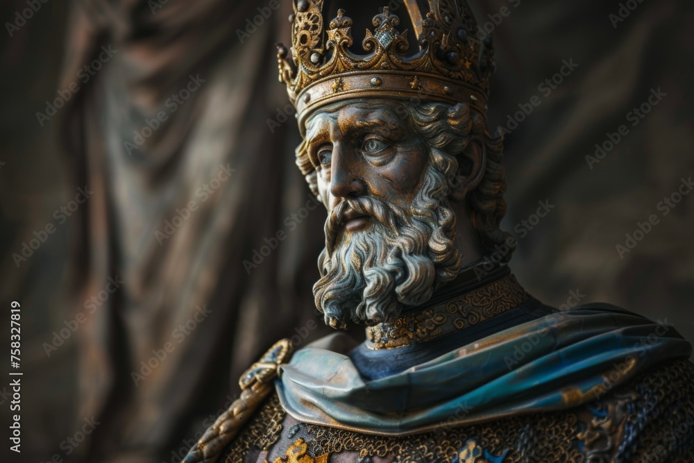 Charlemagne the Frankish King captured in a detailed bronze statue with crown and medieval armor