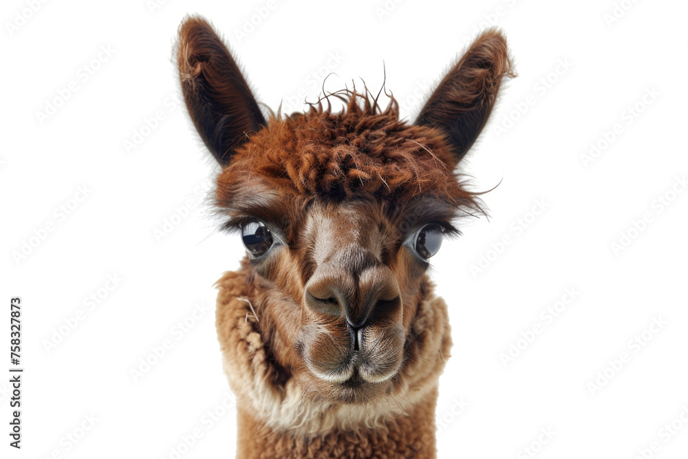Close-up of a llama's face on a white background. Suitable for animal-themed designs