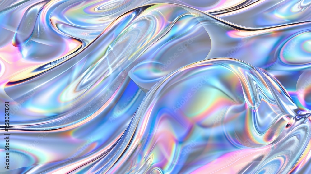 An abstract, iridescent pattern with fluid swirls that create a mesmerizing texture. Ideal for vibrant background use. An abstract, iridescent pattern with fluid swirls that create a mesmerizing texture. Ideal for vibrant background use.