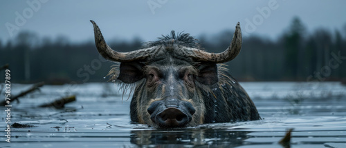 a close up of a water buffalo in a body of water with trees in the back ground and a foggy sky in the background.