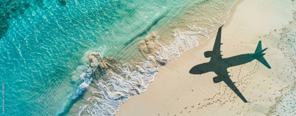 Sneaky shadow of an airplane flying over the beach, casting its silhouette on the white sand and turquoise water The aerial view captures the vastness of nature's beauty Generative AI Sneaky shadow of an airplane flying over the beach, casting its silhouette on the white sand and turquoise water The aerial view captures the vastness of nature's beauty Generative AI