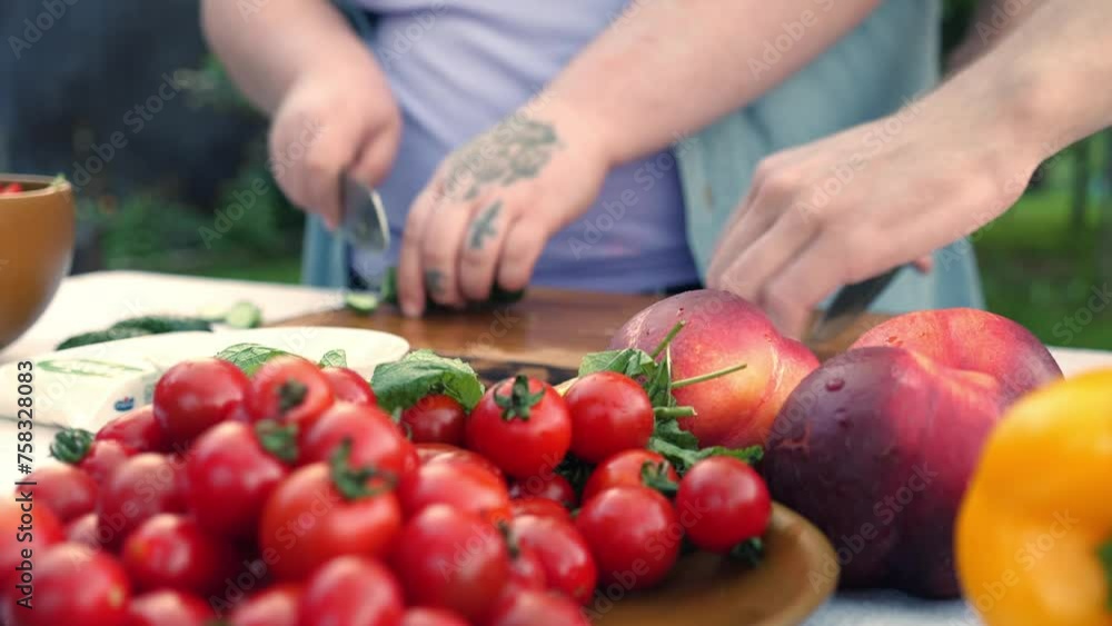 hands cutting fresh vegetable salad in nature outdoors. Vegetarian ingredients ready for cooking on family picnic hands cutting fresh vegetable salad in nature outdoors. Vegetarian ingredients ready for cooking on family picnic