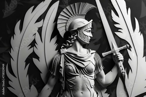 Athena, the Goddess of Strategy, in black and white, embodies mythology and warrior spirit with helmet and sword photo