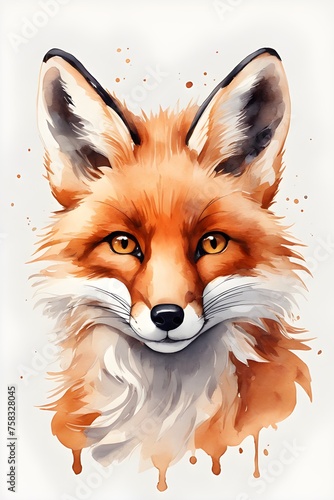 Fox watercolor painting on white background. 