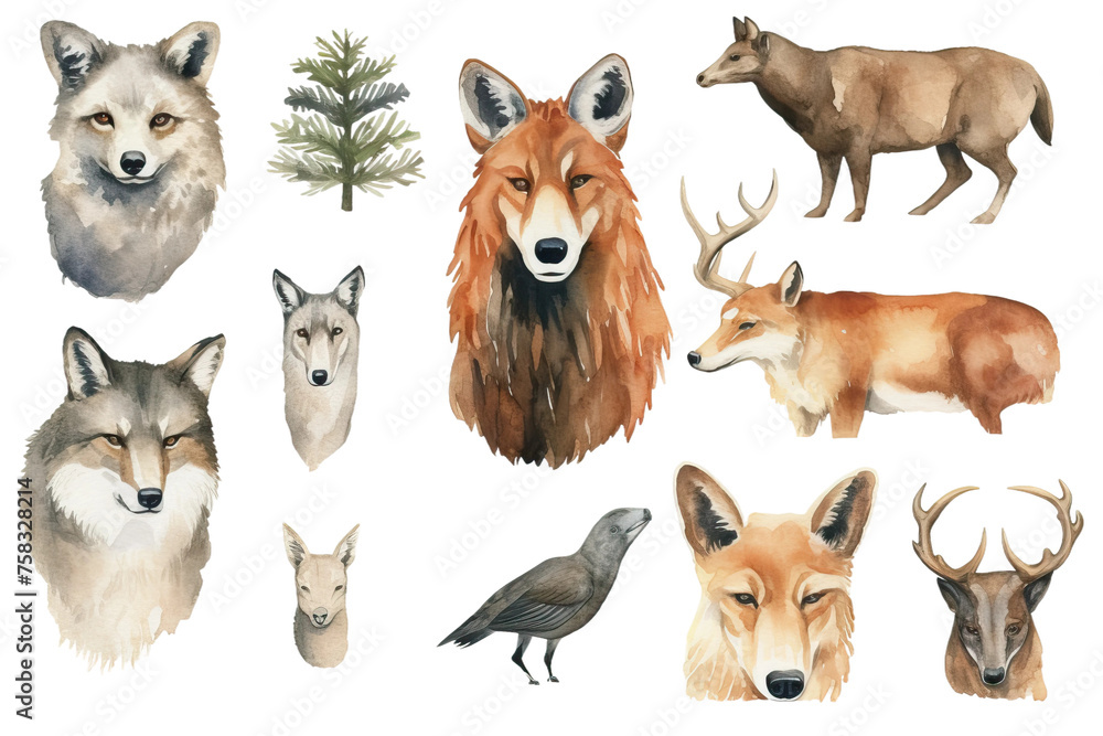 white forest hand wolf bear badger grizzly wild fox deer portrait set head collection illustration wildlife animal forest element drawn watercolor animal background - obrazy, fototapety, plakaty 