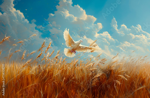 White dove flies over awheat field. Peace in Ukraine concept. Stop war. AI generation photo