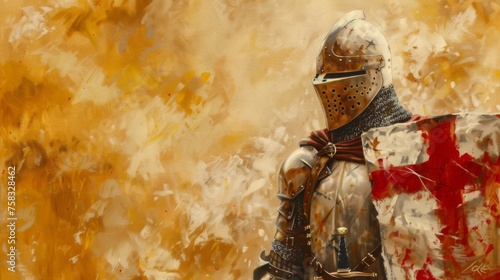 Crusader Knight in full armor with red cross shield painted in oil on textured canvas photo