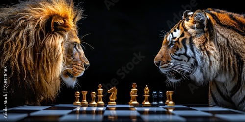 Regal Rivalry: A Lion and Tiger Face Off in a Game of Chess, A Metaphor for Strategy and Power in the Animal Kingdom, Generative AI