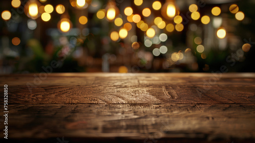 A wooden table with lights in the background. Perfect for home decor or interior design projects