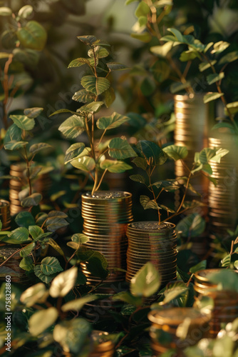 A pile of coins with a plant growing out of them. Suitable for finance and growth concepts