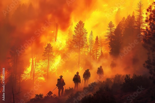 A team of brave firefighters marches through a fierce forest fire, battling flames amidst a smoky, ember-filled landscape as they work to contain the inferno.Five firefighters
