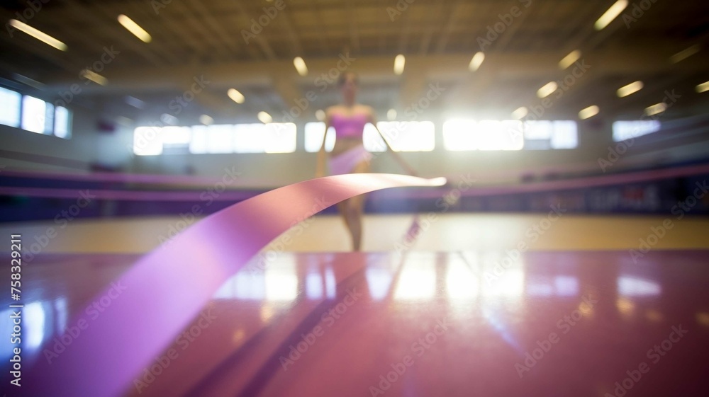 Woman performing gymnastics with pink ribbon in indoor gym
