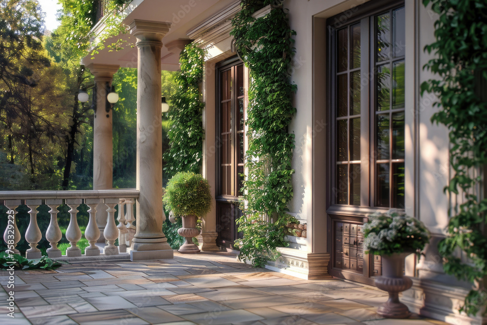 Stone porch with columns, perfect for architectural projects