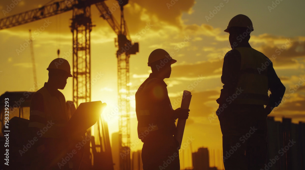Group of construction workers standing together, suitable for construction industry concepts Group of construction workers standing together, suitable for construction industry concepts