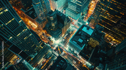 A stunning aerial view of a city at night. Ideal for urban landscapes projects