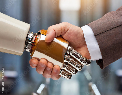 Eine menschliche und eine Roboterhand geben sich die Hand