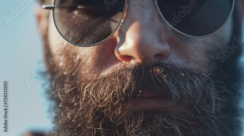 A close up image of a man wearing sunglasses and sporting a beard. Suitable for fashion or lifestyle themes