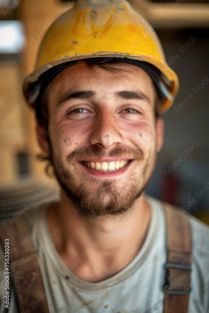 A man wearing a hard hat and smiling. Suitable for construction industry A man wearing a hard hat and smiling. Suitable for construction industry
