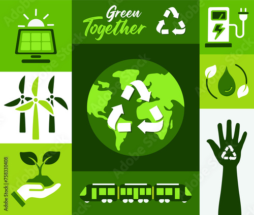 Let`s go green together ,ecology icon set concept. save world vector illustration poster