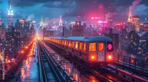 Train rolling through city tracks at night with automotive lighting