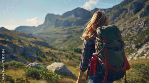 A woman with a backpack walking up a hill. Great for outdoor and adventure concepts