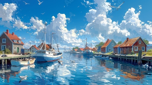 Boats in a harbor with houses under cloudfilled sky