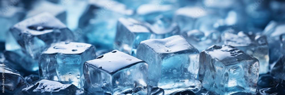 Banner of ice cubes on blurred background, ideal for adding custom text or branding elements