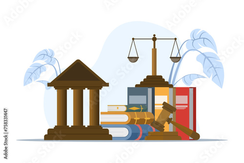 Legal advice concept and consultation. Law and justice scene. lawyer consultant client, judge knocks with wooden gavel. Consideration. Flat vector illustration on white background.