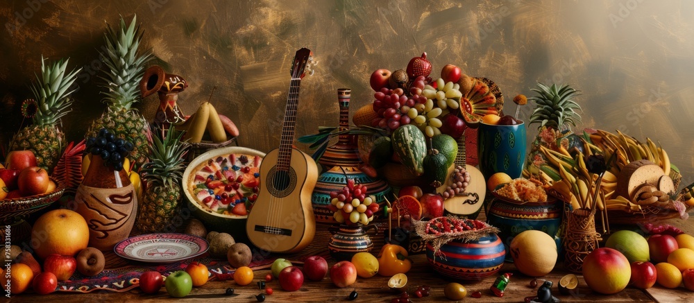 Still life with guitar and tropical fruits