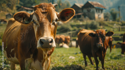 Brown and white cow standing on a lush green field. Suitable for agricultural and farming concepts